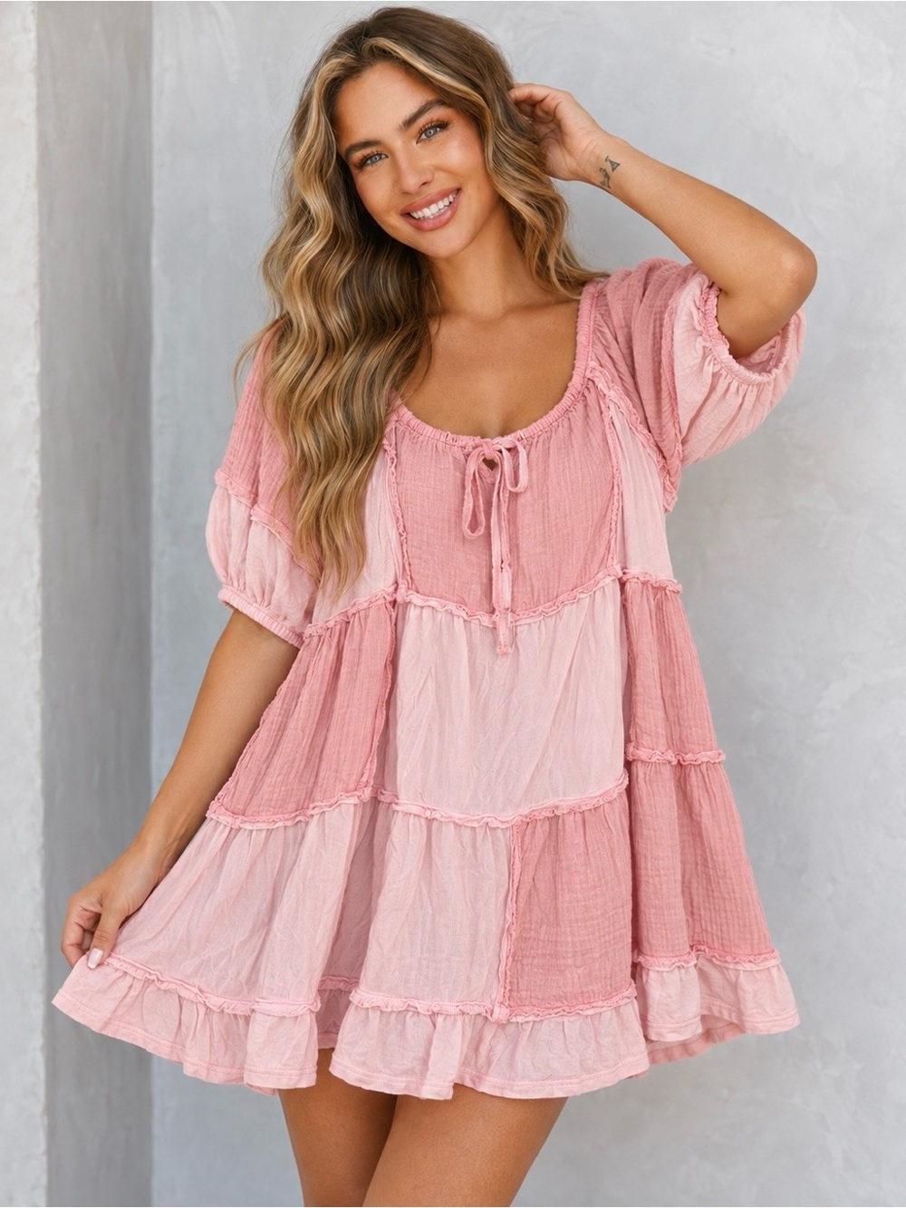 POL Pink Patchwork Gauze Babydoll Tunic Dress Size Large Boho